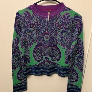 Free People Green and Purple Paisley Sweater